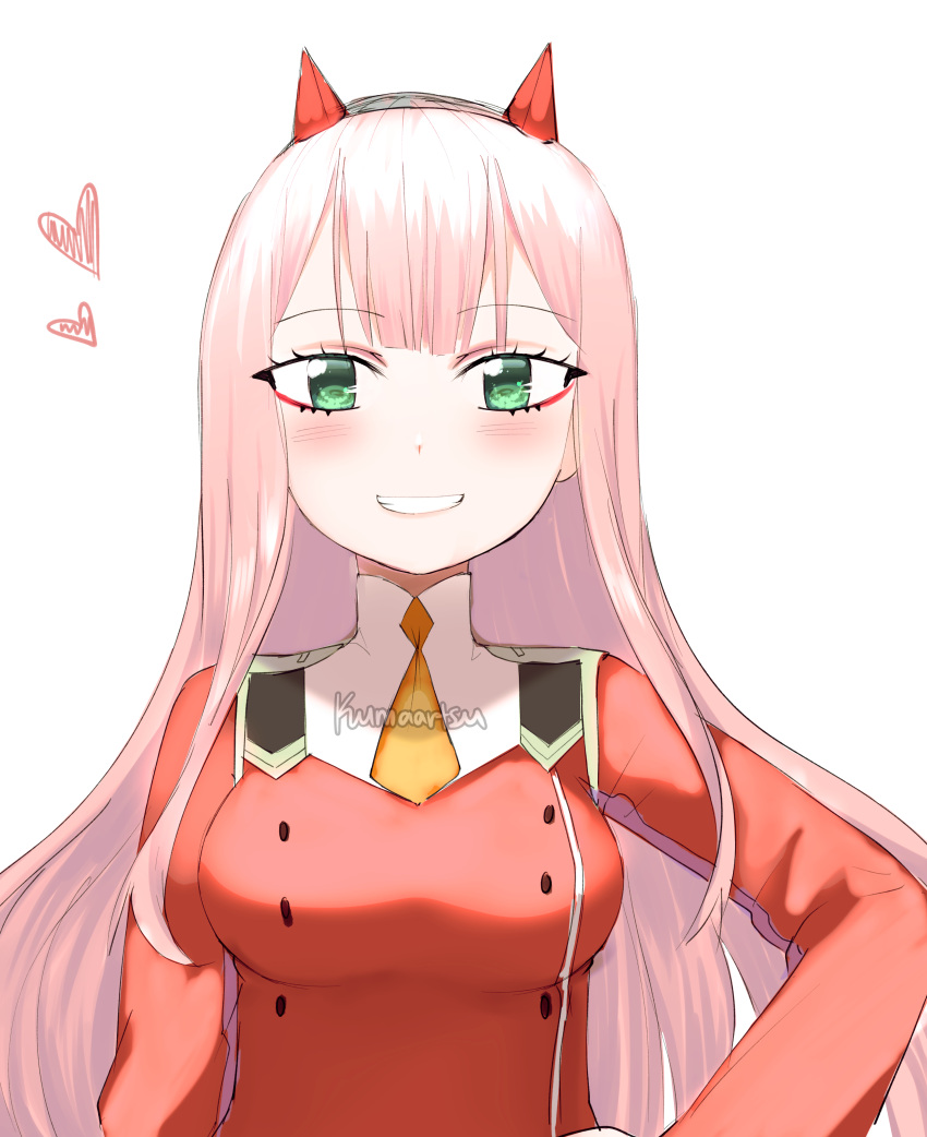 absurdres arm_at_side blush breasts commentary darling_in_the_franxx english_commentary green_eyes grin hand_on_hip heart highres horns kumaartsu long_hair long_sleeves looking_at_viewer medium_breasts military military_uniform necktie oni_horns orange_neckwear pink_hair red_horns red_shirt shirt short_necktie simple_background smile straight_hair uniform upper_body white_background zero_two_(darling_in_the_franxx)