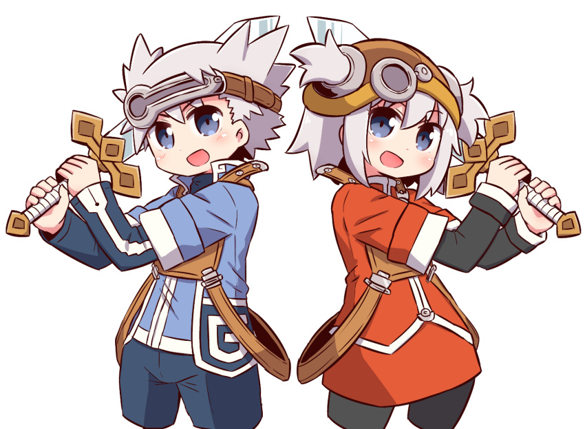1boy 1girl :d bangs black_legwear black_shirt blue_eyes blue_jacket blue_pants blue_shirt blush brown_hat character_request eyebrows_visible_through_hair grey_hair hair_between_eyes hands_up hat head_tilt holding holding_sword holding_weapon jacket long_sleeves naga_u open_mouth pants pantyhose red_jacket shirt simple_background smile summon_night sword two-handed two_side_up weapon white_background