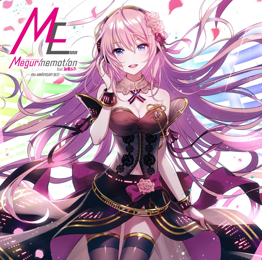 1girl artist_request bangs breasts cleavage detached_collar dress eyebrows_visible_through_hair hair_ornament headphones highres long_hair looking_at_viewer medium_breasts megurine_luka navel official_art open_mouth petals pink_hair shiny shiny_clothes shiny_hair simple_background smile solo strapless strapless_dress thigh-highs vocaloid