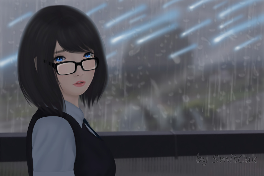 1girl black_hair blue_eyes crying crying_with_eyes_open glasses highres lips looking_at_viewer original portrait rain realistic school_uniform shooting_star short_hair skirt smile smitcuk solo solo_focus star tears water_drop