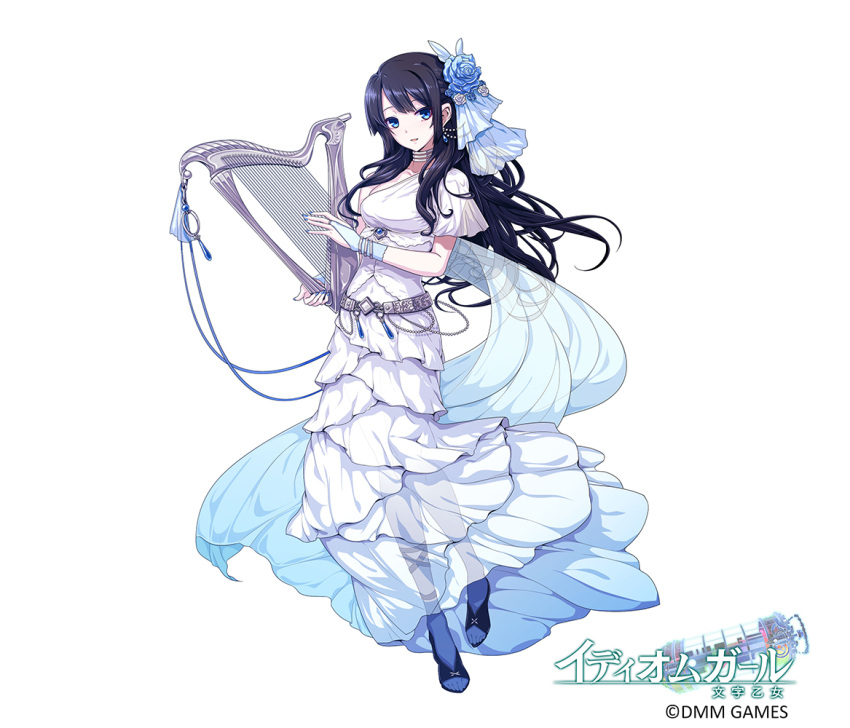 1girl black_footwear black_hair blue_gloves blue_legwear blue_nails breasts company_name copyright_name dougan_calpis_con dress earrings fingerless_gloves flower full_body gloves hair_flower hair_ornament holding holding_instrument idiom_girl instrument jewelry long_hair looking_at_viewer lyre medium_breasts nail_polish official_art see-through simple_background solo standing toes very_long_hair watermark white_background white_dress