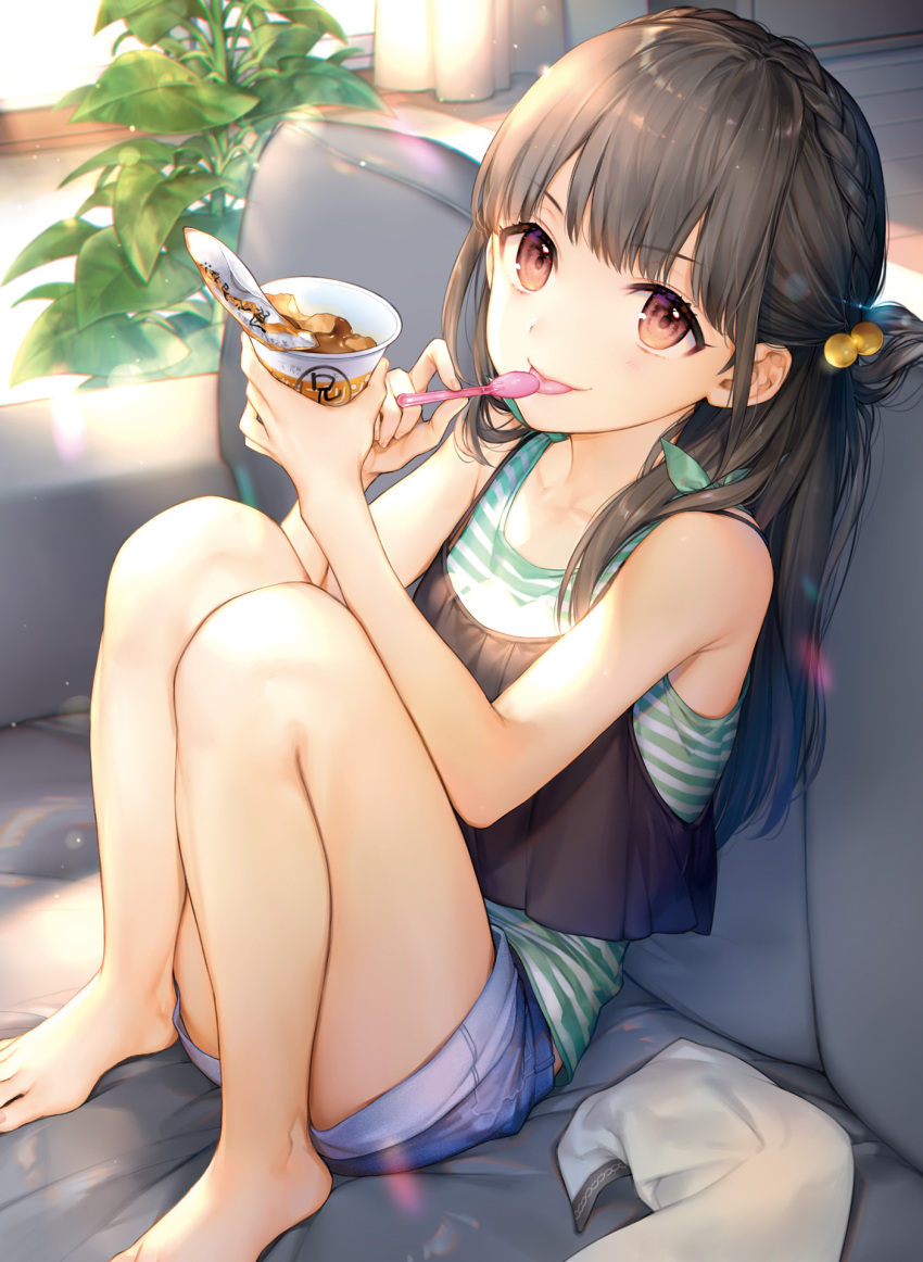 1girl bangs bare_legs bare_shoulders barefoot black_hair blush braid brown_eyes closed_mouth couch cup denim denim_shorts eating eyebrows_visible_through_hair food hair_bobbles hair_ornament highres holding holding_spoon ice_cream indoors kaguyuzu long_hair looking_at_viewer on_couch original plant potted_plant shorts sitting smile solo spoon spoon_in_mouth striped tank_top toes tongue tongue_out vertical_stripes