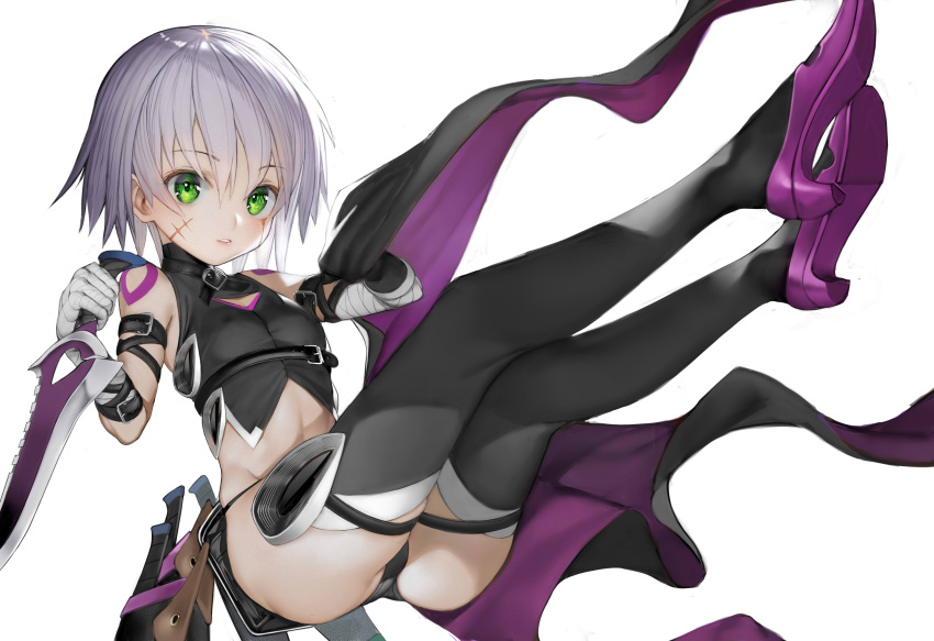 1girl absurdres ass bandage bandaged_arm bandages bangs bare_shoulders black_footwear black_gloves black_legwear black_panties black_shirt blush boots breasts dagger eyebrows_visible_through_hair facial_scar fate/grand_order fate_(series) gloves green_eyes grey_hair hair_between_eyes high_heel_boots high_heels highres holding holding_dagger holding_weapon jack_the_ripper_(fate/apocrypha) looking_at_viewer nyatabe panties parted_lips scar scar_across_eye scar_on_cheek shirt shoe_soles short_hair shoulder_tattoo simple_background single_glove sleeveless sleeveless_shirt small_breasts solo tattoo thigh-highs thigh_boots underwear weapon white_background