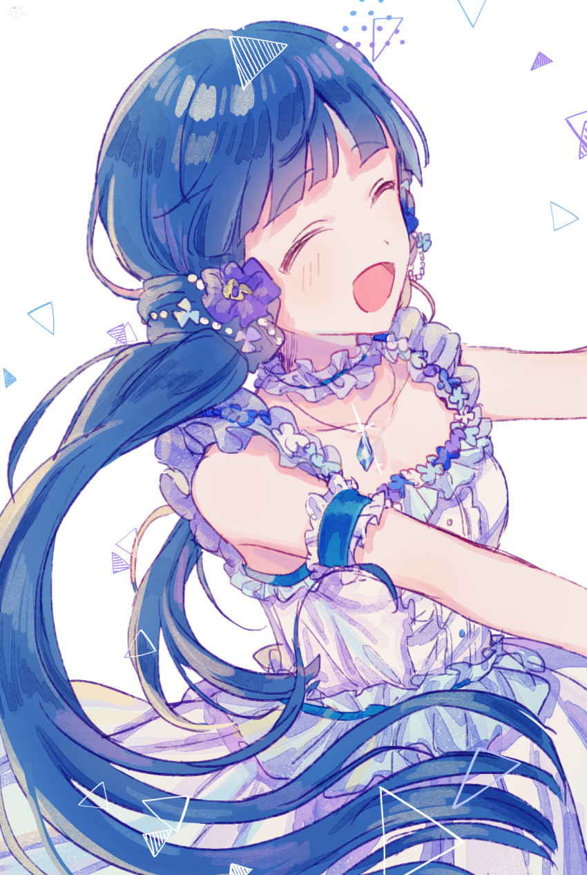 1girl :d ^_^ arm_garter bangs bare_shoulders black_hair blunt_bangs blush breasts closed_eyes closed_eyes collarbone commentary_request dress eyebrows_visible_through_hair facing_viewer flower frills hair_flower hair_ornament highres idolmaster idolmaster_million_live! idolmaster_million_live!_theater_days jewelry kitakami_reika long_hair low_twintails open_mouth pendant poyo_(shwjdddms249) purple_flower sleeveless sleeveless_dress small_breasts smile solo twintails very_long_hair white_dress