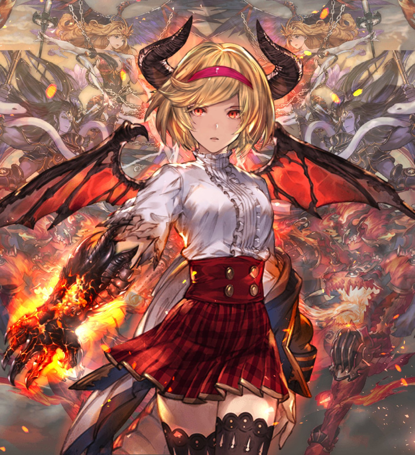 1girl black_legwear blonde_hair cowboy_shot djeeta_(granblue_fantasy) dress granblue_fantasy hairband highres horns looking_at_viewer milli_little miniskirt orange_eyes parted_lips pink_hairband pleated_skirt red_skirt shirt short_hair skirt solo standing thigh-highs torn_clothes torn_shirt white_dress wings zettai_ryouiki