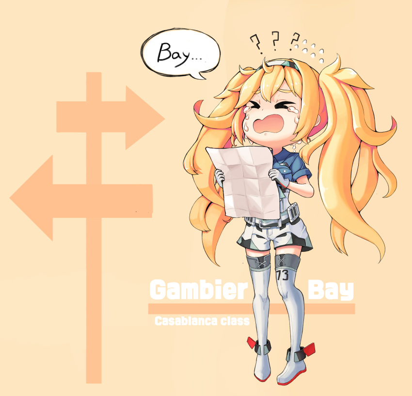 absurdres belt blonde_hair blue_eyes blue_shirt breast_pocket breasts buttons collared_shirt commentary crying crying_with_eyes_open dltkdwls369 gambier_bay_(kantai_collection) gloves hair_between_eyes hairband highres kantai_collection large_breasts map_(object) multicolored multicolored_clothes multicolored_gloves orange_background pocket rudder_shoes shirt short_sleeves shorts simple_background speech_bubble tearing_up tears thigh-highs title twintails white_legwear