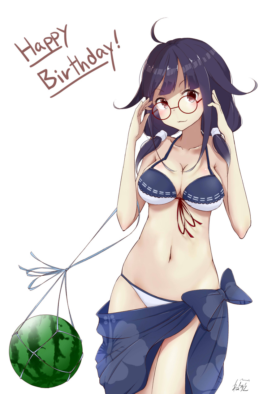 1girl absurdres alternate_costume bikini blush breasts closed_mouth food fruit glasses hair_flaps happy_birthday highres kantai_collection large_breasts long_hair looking_at_viewer low_twintails neve purple_hair red_eyes red_glasses remodel_(kantai_collection) simple_background solo swimsuit taigei_(kantai_collection) twintails watermelon white_background