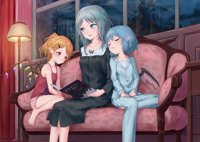 3girls alternate_costume bangs bare_arms bare_legs bare_shoulders barefoot bat_wings black_dress black_ribbon blonde_hair blue_eyes blue_hair blue_pajamas blue_pants blush book breasts camisole closed_eyes collarbone commentary_request couch crystal curtains dress eyebrows_visible_through_hair feet_out_of_frame flandre_scarlet hair_between_eyes head_tilt highres holding holding_book indoors izayoi_sakuya lamp long_sleeves looking_at_another medium_breasts multiple_girls night night_sky nightgown no_hat no_headwear no_pants pajamas panties pants parted_lips pointy_ears ponytail red_eyes red_panties remilia_scarlet ribbon roke_(taikodon) short_hair silver_hair sitting sky small_breasts smile spaghetti_strap striped striped_panties thighs touhou underwear white_panties window winged_hair_ornament wings