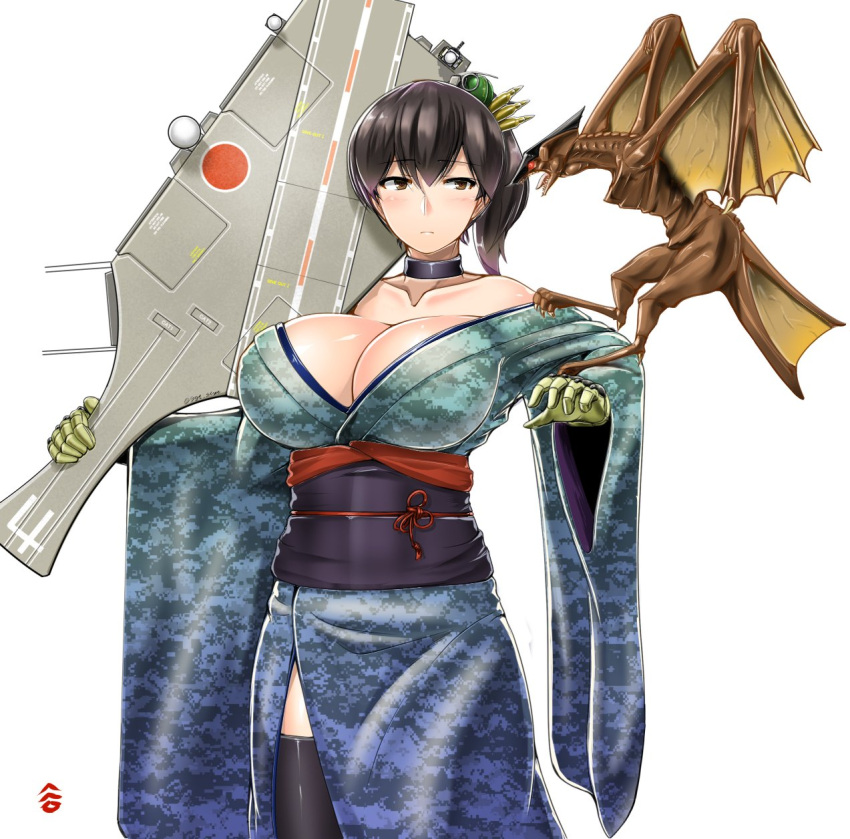 1girl alternate_costume ammunition bare_shoulders blue_kimono breasts brown_eyes brown_hair camouflage cartridge choker collarbone commentary_request explosive eyebrows_visible_through_hair flight_deck gamera_(series) gloves green_gloves grenade gyaos hagoita hair_ornament highres huge_breasts japanese_clothes kaga_(jmsdf) kaga_(kantai_collection) kantai_collection kimono kotoyoro long_sleeves new_year obi off_shoulder paddle phalanx_ciws radome saizu_nitou_gunsou sash side_ponytail simple_background solo thigh-highs twitter_username white_background wide_sleeves