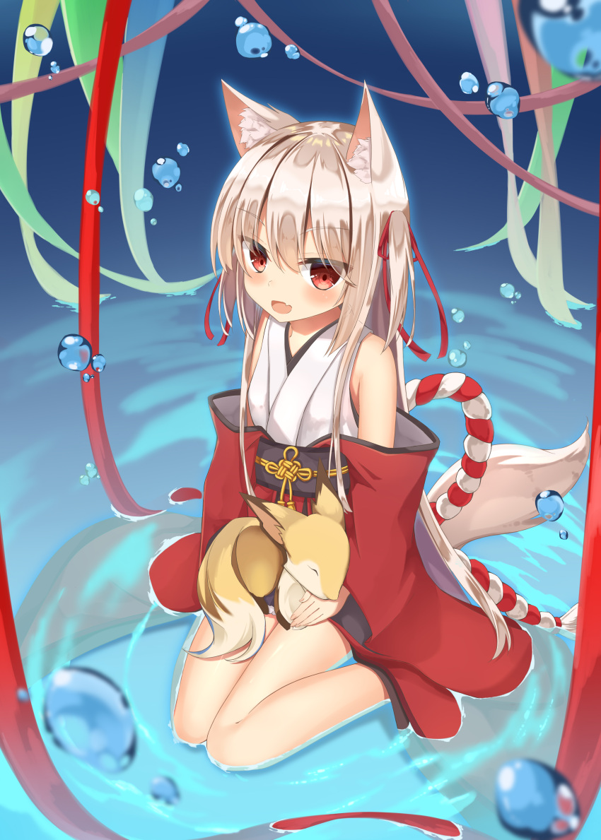 1girl :d absurdres animal animal_ear_fluff animal_ears aroma0501 bangs bare_shoulders blush commentary_request eyebrows_visible_through_hair fang fox fox_ears fox_tail hair_between_eyes hair_ribbon highres japanese_clothes kimono light_brown_hair long_hair long_sleeves looking_at_viewer obi open_mouth original red_eyes red_kimono red_ribbon ribbon sash sitting sleeveless sleeveless_kimono smile solo tail two_side_up very_long_hair wariza water water_drop white_kimono wide_sleeves