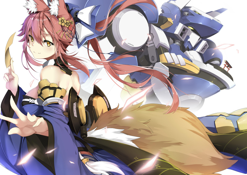 1girl absurdres animal_ear_fluff animal_ears bare_shoulders blue_kimono breasts detached_sleeves fang fate/grand_order fate_(series) fox_ears fox_girl fox_tail highres japanese_clothes jie_laite kimono large_breasts mecha pink_hair robot simple_background solo tail tamamo_(fate)_(all) tamamo_no_mae_(fate) white_background yellow_eyes