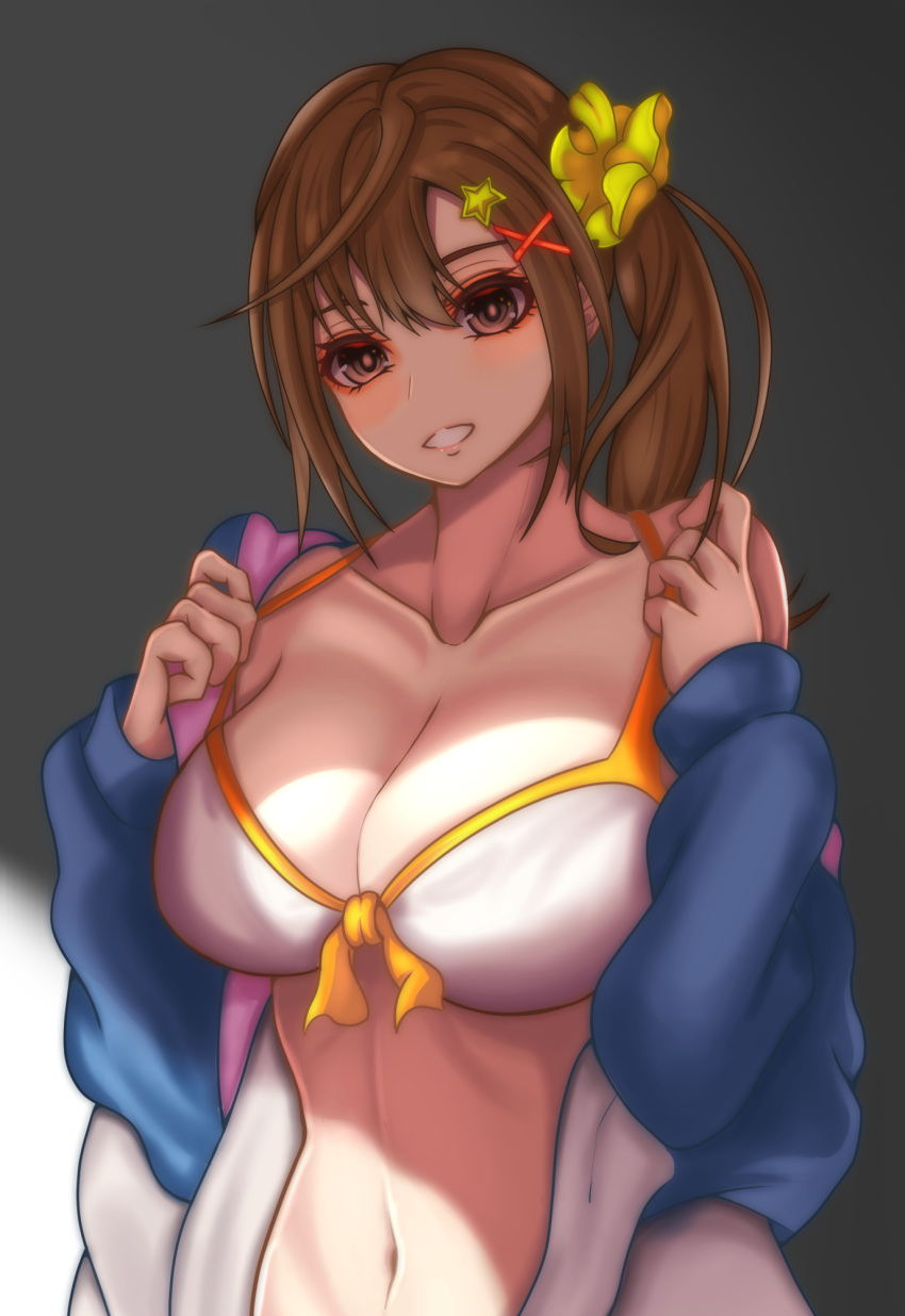 1girl bikini bikini_top bikini_under_clothes blue_jacket blush breasts brown_eyes brown_hair butabanahanafukku collarbone dead_or_alive dead_or_alive_xtreme eyebrows_visible_through_hair front-tie_bikini front-tie_top hair_ornament hairclip hands_up highres jacket large_breasts long_hair looking_at_viewer misaki_(doa) navel open_clothes open_mouth scrunchie side_ponytail solo star star_hair_ornament swimsuit white_bikini