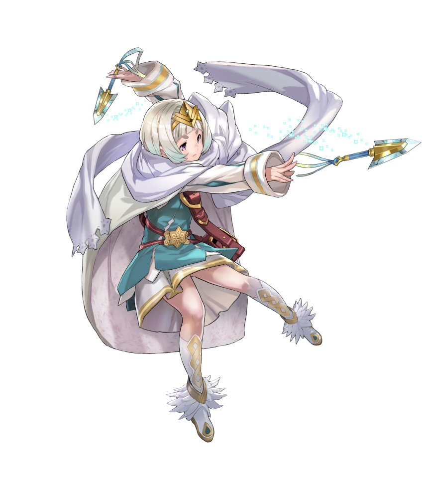 1girl blue_hair cape feather_trim fire_emblem fire_emblem_heroes full_body gradient gradient_hair hair_ornament highres maeshima_shigeki multicolored_hair nintendo official_art short_hair solo thigh-highs transparent_background white_hair ylgr_(fire_emblem_heroes)