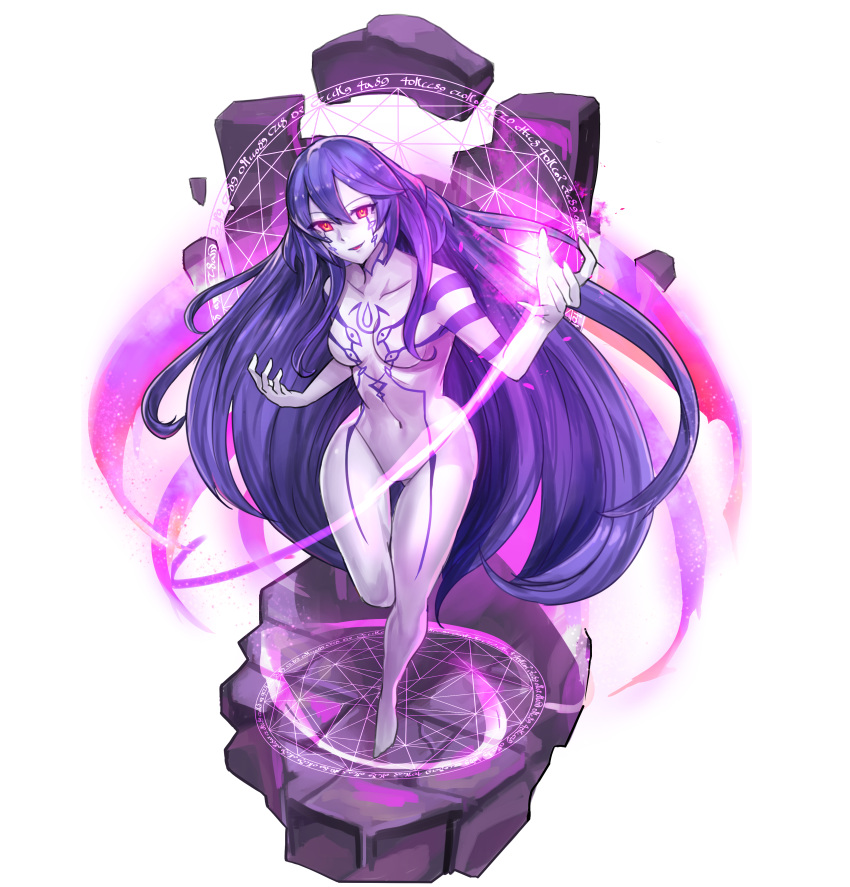 1girl absurdres blue_hair collarbone corruption fire_emblem fire_emblem:_kakusei full_body full_body_tattoo hair_between_eyes highres ibenz009 long_hair looking_at_viewer lucina magic magic_circle navel nintendo no_nipples no_pussy possessed purple_skin red_eyes rubble smile solo tattoo transparent_background very_long_hair