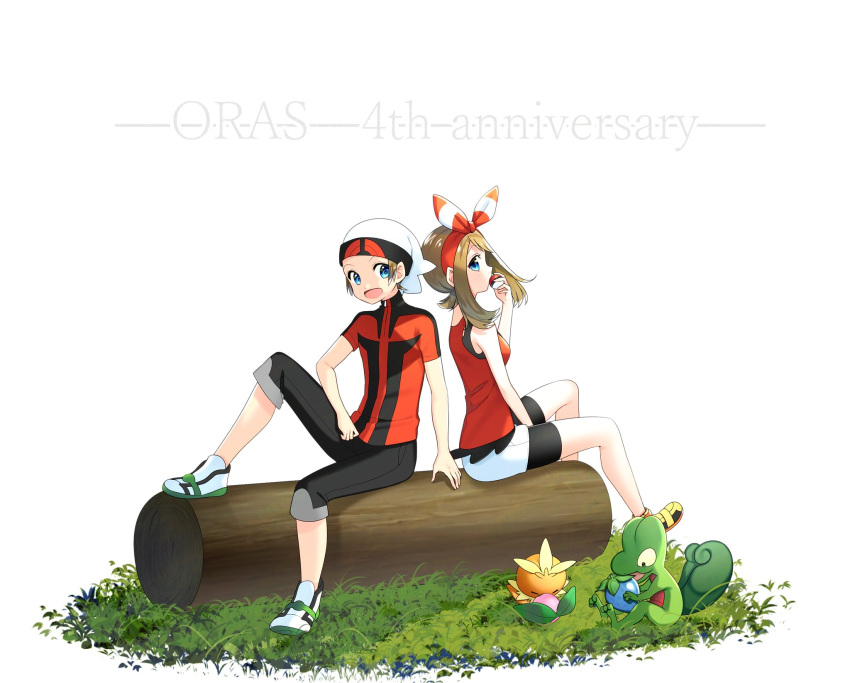 1boy 1girl :d bandanna between_legs bike_shorts black_shorts blue_eyes brown_hair copyright_name creatures_(company) full_body game_freak gen_3_pokemon hand_between_legs haruka_(pokemon) hat highres holding holding_poke_ball nintendo open_mouth poke_ball pokemon pokemon_(creature) pokemon_(game) pokemon_oras red_shirt shirt short_sleeves shorts shorts_under_shorts sidelocks sitting sleeveless sleeveless_shirt smile torchic treecko white_background white_hat white_shorts yuihiko yuuki_(pokemon)