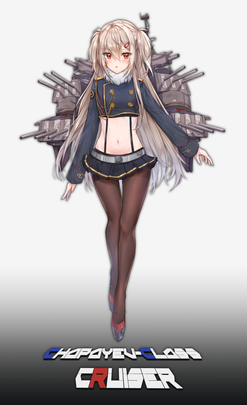 1girl absurdres arms_at_sides bangs belt black_skirt blush brown_legwear character_name commentary_request crop_top cuna_(qunya) double-breasted epaulettes eyebrows_visible_through_hair full_body fur_collar glint gold_trim gradient gradient_background grey_shirt hair_between_eyes hair_ornament hairclip highres long_hair long_sleeves looking_at_viewer machinery mast midriff military military_uniform miniskirt navel pantyhose parted_lips pleated_skirt red_eyes shirt shoes sidelocks silver_hair simple_background skirt sleeves_past_wrists solo standing stomach suspenders thigh_gap turret two_side_up uniform very_long_hair white_background zhan_jian_shao_nyu