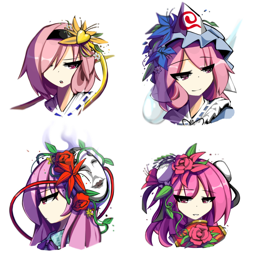 4girls collared_shirt flower grin hair_ornament hat hata_no_kokoro highres ibaraki_kasen kaliningradg komeiji_satori leaf mask multiple_girls open_mouth pink_eyes pink_hair plant ribbon rose saigyouji_yuyuko shirt short_hair smile smug tabard tagme touhou triangular_headpiece vines