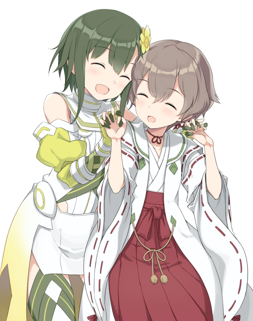 2girls :d ^_^ bare_shoulders blush brown_hair closed_eyes closed_eyes collarbone eyebrows_visible_through_hair fujimori_mito green_hair hair_between_eyes hakama hand_holding highres japanese_clothes miko multiple_girls nogi_wakaba_wa_yuusha_de_aru open_mouth pera shiratori_utano short_hair simple_background smile standing white_background wide_sleeves yuusha_de_aru