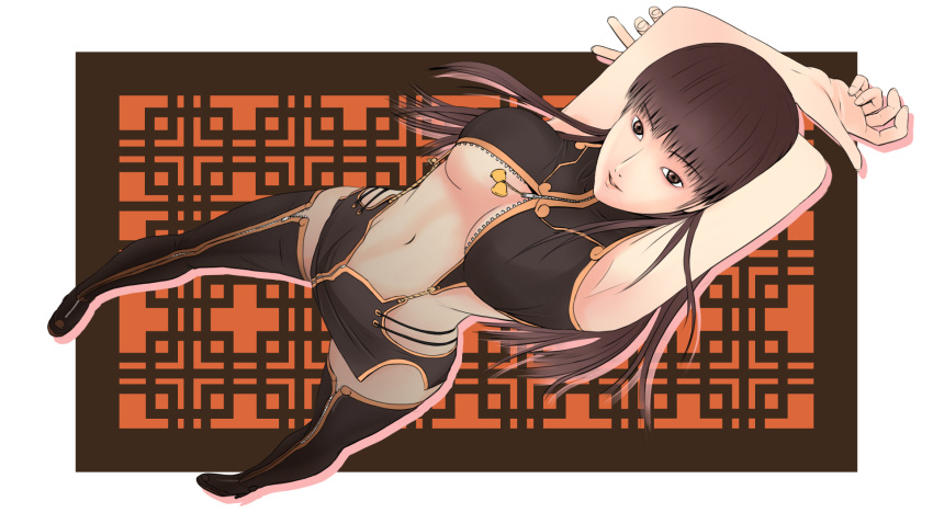 1girl armpits arms_behind_head arms_up black_footwear black_hair breasts brown_eyes center_opening dead_or_alive eyebrows_visible_through_hair hair_down highres lei_fang long_hair medium_breasts navel revealing_clothes simple_background smile solo under_boob unzipped user_tggn7272 zipper