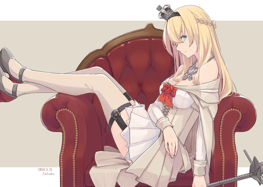 1girl arm_across_waist artist_name bare_shoulders black_footwear blonde_hair blue_eyes blush braid breasts corset couch crossed_ankles crown dated dress flower french_braid garter_straps globus_cruciger hair_between_eyes hairband high_heels holding holding_weapon jewelry kantai_collection long_hair long_sleeves mary_janes mini_crown necklace off-shoulder_dress off_shoulder open_mouth red_flower red_ribbon red_rose ribbon rose scepter shoes sitting smile solo thigh-highs ueno_(sakumogu-029) warspite_(kantai_collection) weapon white_dress white_legwear