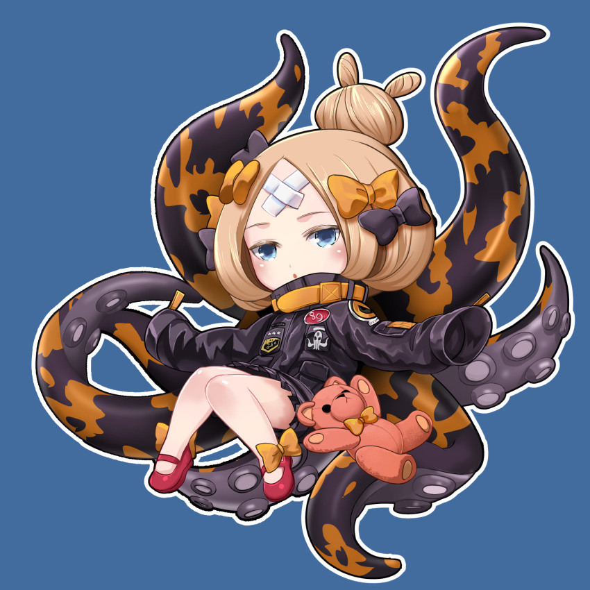 1girl :o abigail_williams_(fate/grand_order) bangs black_bow black_jacket blonde_hair bloodink blue_background blue_eyes bow chibi commentary_request crossed_bandaids fate/grand_order fate_(series) hair_bow hair_bun head_tilt heroic_spirit_traveling_outfit highres jacket long_hair long_sleeves looking_at_viewer mary_janes orange_bow outline parted_bangs parted_lips red_footwear shoes sleeves_past_fingers sleeves_past_wrists solo stuffed_animal stuffed_toy suction_cups teddy_bear tentacle white_outline