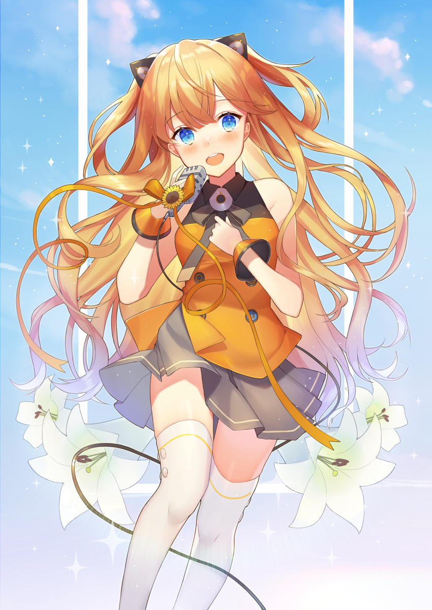 1girl :d absurdres animal_ears bangs bare_arms bare_shoulders black_neckwear blonde_hair blue_eyes blue_sky blush bow bowtie breasts clouds collared_shirt fake_animal_ears feet_out_of_frame flower grey_skirt hand_on_own_chest head_tilt highres holding holding_microphone ion_(on01e) lily_(flower) long_hair looking_at_viewer medium_breasts microphone miniskirt open_mouth orange_ribbon orange_shirt ribbon seeu shirt skirt sky sleeveless sleeveless_shirt smile solo sunflower thigh-highs two_side_up upper_teeth very_long_hair vocaloid wavy_hair white_legwear wire wrist_cuffs zettai_ryouiki