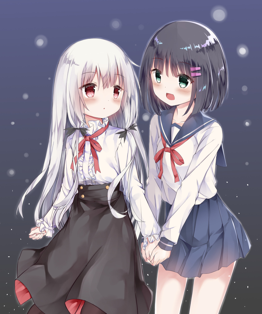 2girls :d absurdres amano_akari bangs black_hair black_skirt blue_sailor_collar blue_skirt blush center_frills commentary_request eyebrows_visible_through_hair frills fuyuki030 green_eyes hair_between_eyes hair_ornament hairclip highres holding_hand long_hair long_sleeves multiple_girls neck_ribbon open_mouth parted_lips pleated_skirt red_ribbon ribbon sailor_collar school_uniform serafuku shirt silver_hair skirt sleeves_past_wrists smile sophie_twilight tonari_no_kyuuketsuki-san very_long_hair white_shirt