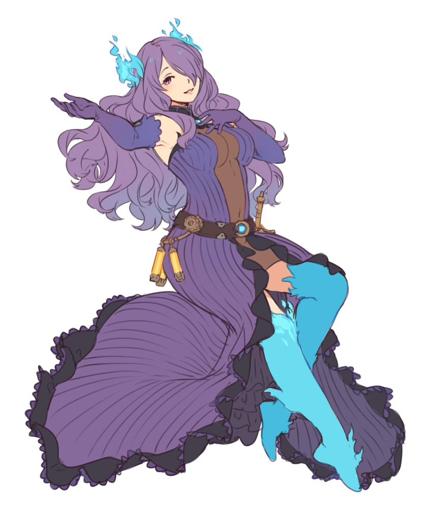 absurdres breasts camilla_(fire_emblem_if) collarbone cosplay fire fire_emblem fire_emblem_if gloves hair_over_one_eye highres kagutsuchi_(xenoblade) large_breasts lips long_hair nintendo purple_hair simple_background smile valcard992 very_long_hair violet_eyes wavy_hair xenoblade_(series) xenoblade_2