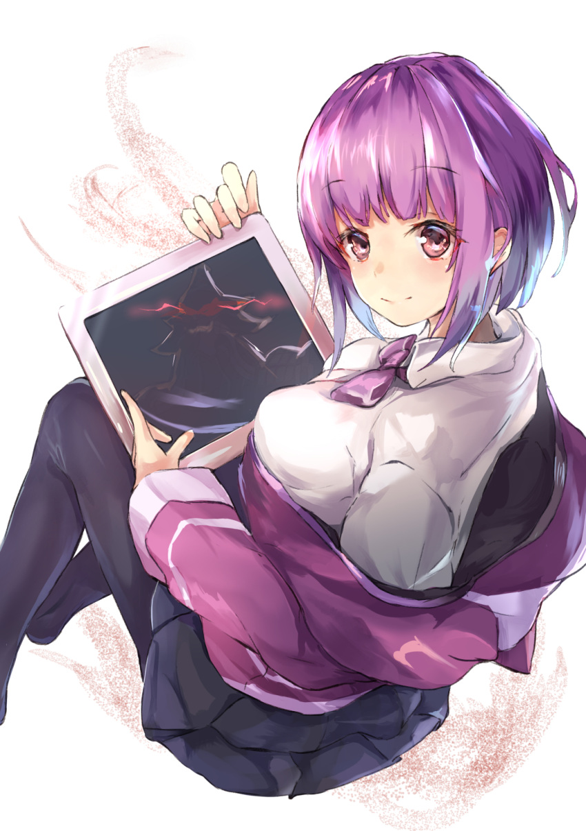 1girl black_legwear black_skirt blush bow breasts closed_mouth collared_shirt commentary_request hanagin head_tilt highres holding jacket looking_at_viewer looking_to_the_side medium_breasts off_shoulder pantyhose pleated_skirt purple_bow purple_hair purple_jacket red_eyes shinjou_akane shirt short_hair sitting skirt smile solo ssss.gridman tablet white_shirt