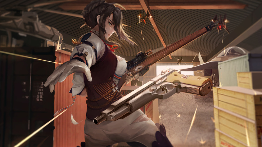 1girl action aircraft airplane arm_strap bangs bolt_action boots braid breasts brown_hair brown_vest bullet_trail crown_braid day fighter_jet floating_hair girls_frontline gloves green_eyes gun hair_ornament half-closed_eyes handgun hangar helicopter highres holding holding_gun holding_weapon jet large_breasts lee-enfield lee-enfield_(girls_frontline) lien-tsu long_hair looking_at_viewer military military_uniform military_vehicle pants pistol rifle shipping_container shirt sleeve_cuffs thigh-highs thigh_boots torn_clothes tossing uniform vest weapon white_gloves white_pants white_shirt