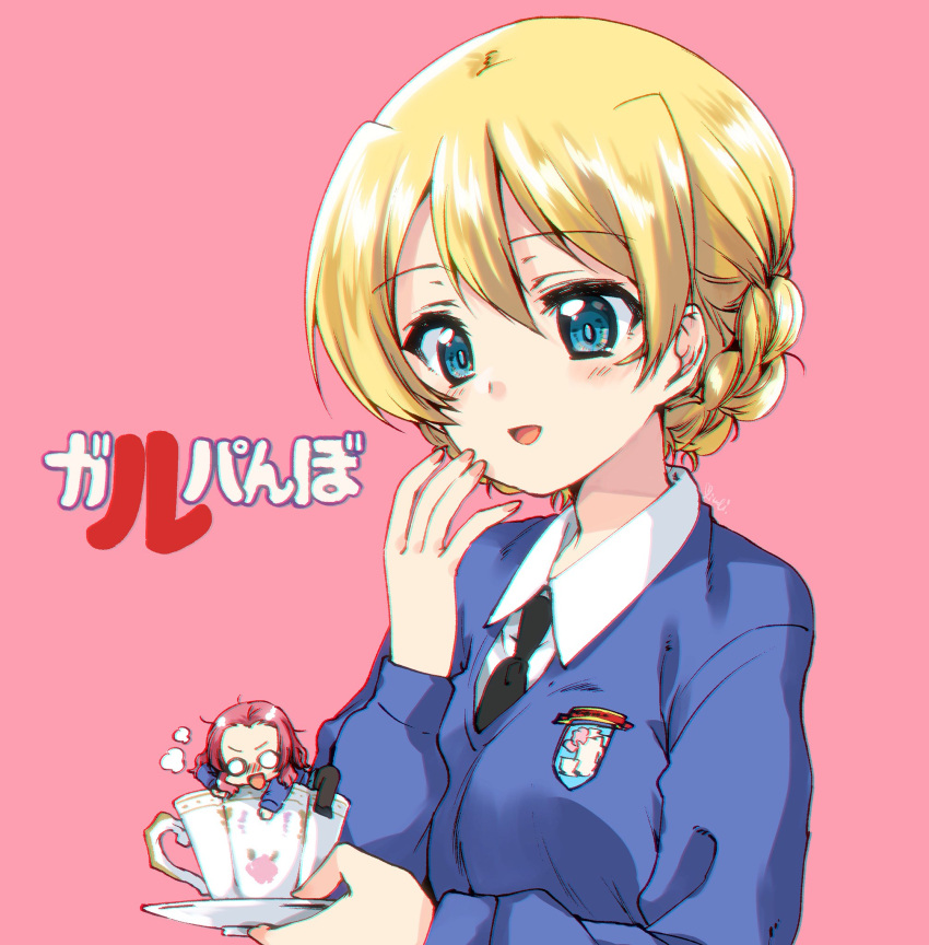 2girls bangs black_legwear black_neckwear blonde_hair blue_eyes blue_skirt blue_sweater blurry braid climbing commentary cup darjeeling dress_shirt emblem eyebrows_visible_through_hair girls_und_panzer hand_to_own_mouth highres holding_saucer kuroi_mimei long_sleeves looking_at_another minigirl multiple_girls necktie o_o open_mouth pantyhose pink_background redhead rosehip saucer school_uniform shirt short_hair skirt smile st._gloriana's_(emblem) st._gloriana's_school_uniform steam sweater teacup tied_hair translation_request twin_braids v-neck white_shirt wing_collar