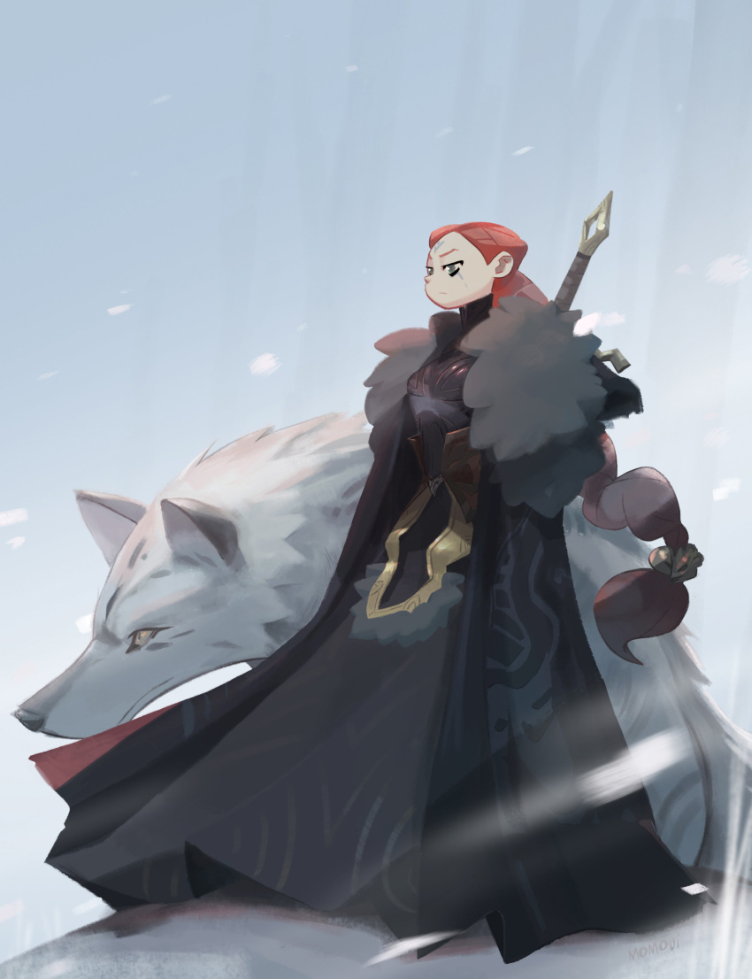 a_song_of_ice_and_fire absurdres asanee_tejasakulsin braid cape facepaint fur_trim game_of_thrones ghost_(a_song_of_ice_and_fire) green_eyes highres redhead sansa_stark skirt snow sword weapon wolf