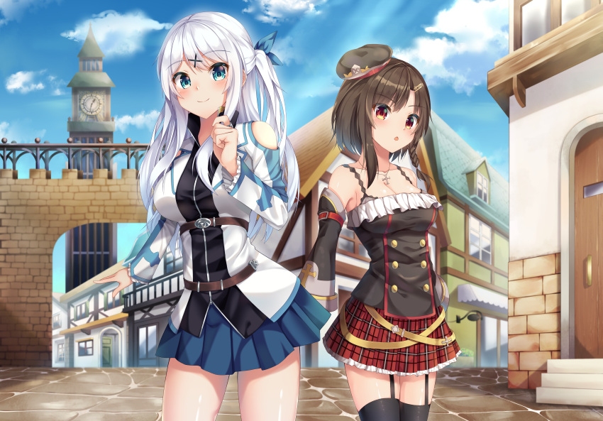 2girls :o absurdres amagi_korona arch bangs bare_shoulders belt black_hair black_legwear black_shirt blue_bow blue_eyes blue_skirt blue_sky blush bow braid breasts building cleavage clock clock_tower closed_mouth clouds cloudy_sky collarbone collared_shirt commentary_request cowboy_shot cross cross_necklace day detached_sleeves door double-breasted eyebrows_visible_through_hair frilled_shirt frills garter_straps hair_bow hair_ornament hairclip hat highres jewelry large_breasts light_rays long_hair looking_at_viewer medium_breasts mini_hat miniskirt multiple_girls necklace one_side_up original outdoors parted_lips pavement plaid plaid_skirt pleated_skirt red_eyes red_skirt shirt short_hair sidelocks sign skirt sky smile sunbeam sunlight thigh-highs thighs tower town white_hair white_shirt window x_hair_ornament zettai_ryouiki