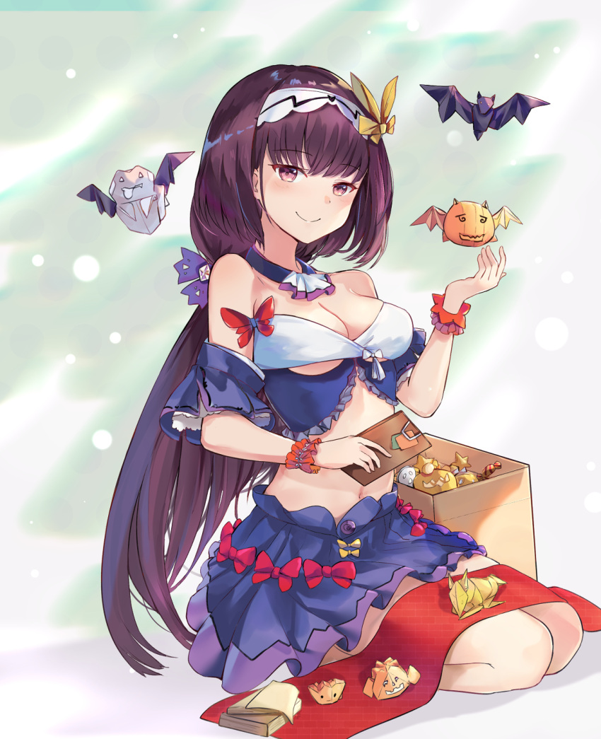 1girl bangs bare_shoulders bat blue_skirt blush bow breasts cleavage closed_mouth crop_top detached_collar detached_sleeves eyebrows_visible_through_hair fate/grand_order fate_(series) frilled_cuffs frills full_body hair_bow hair_intakes hairband hand_up highres holding long_hair looking_at_viewer low-tied_long_hair medium_breasts midriff miniskirt mosta_(lo1777789) navel origami osakabe-hime_(fate/grand_order) pumpkin purple_bow purple_hair red_bow seiza short_sleeves sitting skirt smile solo under_boob unmoving_pattern very_long_hair violet_eyes wrist_cuffs yellow_bow