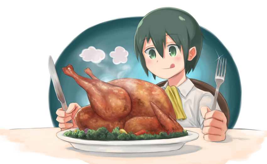 1girl androgynous commentary food fork green_eyes green_hair highres holding holding_fork holding_knife kino kino_no_tabi knife licking_lips short_hair solo steam tauke tongue tongue_out turkey_(food)