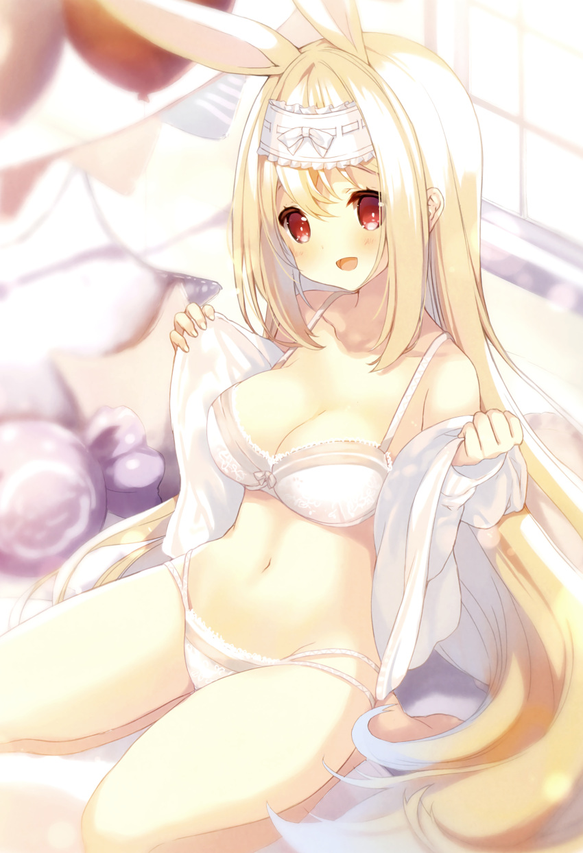 :d absurdres animal_ears bangs blonde_hair blurry bow bow_bra bra breasts cleavage collarbone cynthia_riddle frilled_headband frills head_tilt highres lace lace-trimmed_bra lace-trimmed_panties light_blush long_hair looking_at_viewer medium_breasts navel no_pants off_shoulder open_clothes open_mouth open_shirt original p19 panties rabbit_ears red_eyes seiza shirt sitting smile underwear undressing very_long_hair white_bra white_headband white_panties white_shirt