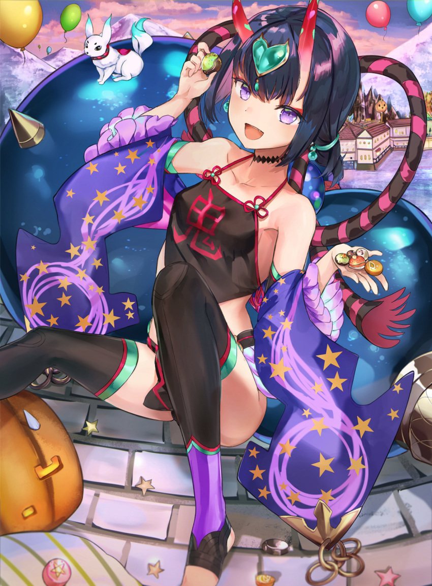 1girl :d animal armpits ass balloon bangs bare_shoulders black_hair black_legwear blue_sky breasts building choker clouds cloudy_sky collarbone detached_sleeves dudou eyeliner fang fate/grand_order fate_(series) food fundoshi hair_bobbles hair_ornament halloween hand_up head_tilt heart heart_hair_ornament highres jack-o'-lantern japanese_clothes knees_up looking_at_viewer makeup midriff mosta_(lo1777789) mountain multiple_tails oni_horns open_mouth outdoors pavement short_hair shuten_douji_(fate/grand_order) shuten_douji_(halloween)_(fate) sitting sky small_breasts smile solo sphere star star_print stirrup_legwear sweets tail thigh-highs toeless_legwear two_tails violet_eyes wide_sleeves