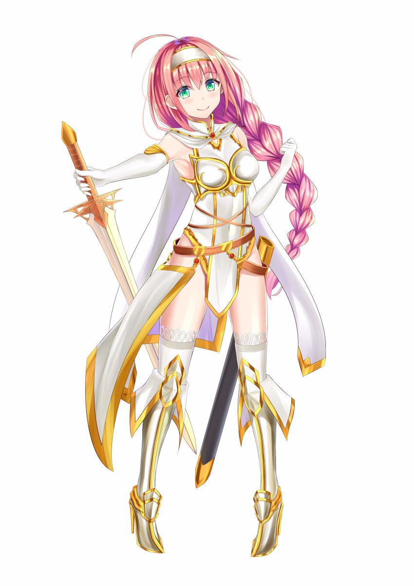 1girl absurdres armor armored_boots armpits blush boots breasts covered_navel elbow_gloves floating_hair full_body gloves green_eyes hairband high_heel_boots high_heels highres holding holding_sword holding_weapon knee_boots long_hair medium_breasts original pink_hair sheath simple_background smile solo standing sword thigh-highs tsuchinoko1026 unsheathed very_long_hair weapon white_background white_gloves white_hairband white_legwear