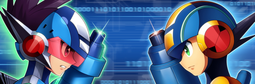 2boys arm_cannon black_hair blue_background clenched_teeth crossover face face-to-face green_eyes helmet highres hoshikawa_subaru_(rockman) male_focus multiple_boys netnavi nobady official_style rockman rockman_exe rockman_exe_(character) ryuusei_no_rockman teeth weapon