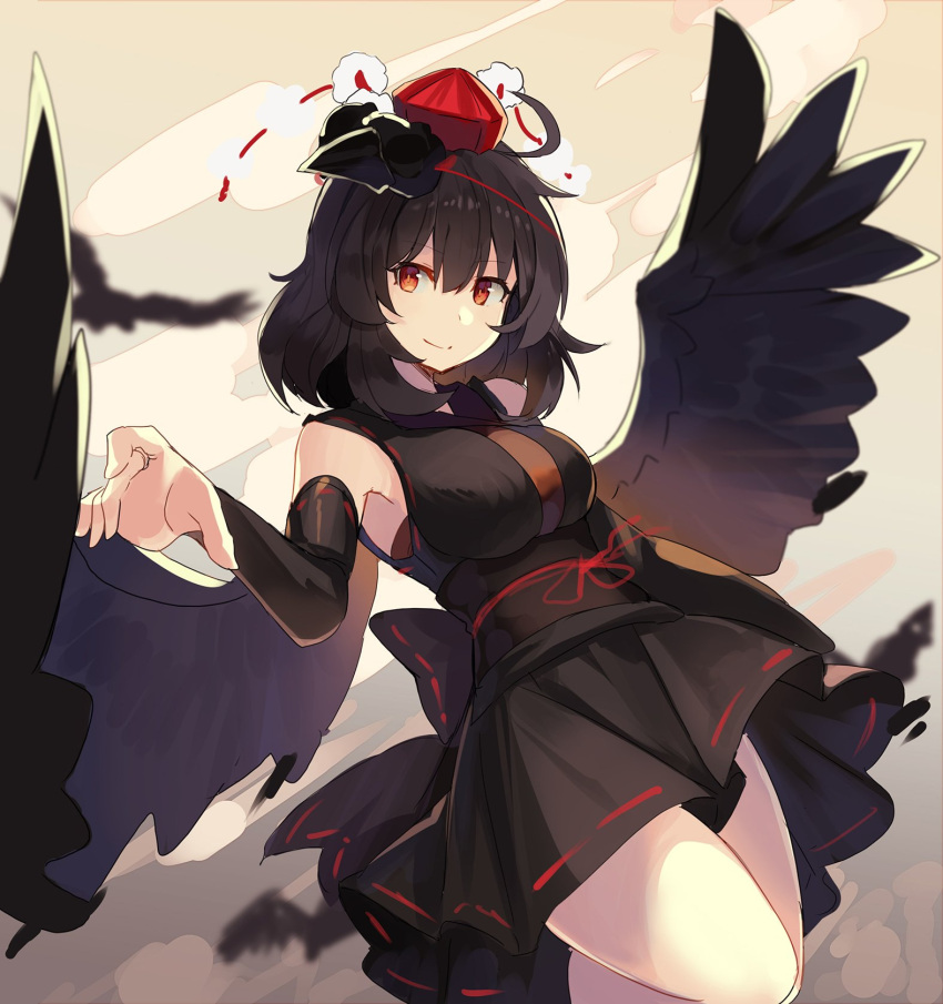 1girl ahoge bangs bare_shoulders beige_background black_hair black_hat black_kimono black_sash black_skirt black_wings breasts clouds commentary_request detached_sleeves eyebrows_visible_through_hair feathered_wings hair_between_eyes hat highres japanese_clothes kimono large_breasts looking_at_viewer mini_hat miniskirt obi pom_pom_(clothes) red_eyes ribbon-trimmed_skirt ribbon_trim rin_falcon sarashi sash shameimaru_aya short_hair simple_background skirt sleeveless sleeveless_kimono smile solo tassel thighs tokin_hat touhou wings
