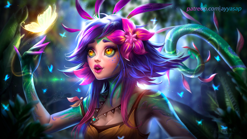1girl ayya_saparniyazova breasts bug butterfly cleavage dark_blue_hair flower green_skin hair_flower hair_ornament insect league_of_legends lizard_girl lizard_tail medium_breasts multicolored multicolored_hair multicolored_skin neeko_(league_of_legends) pink_hair slit_pupils tagme tail yellow_eyes