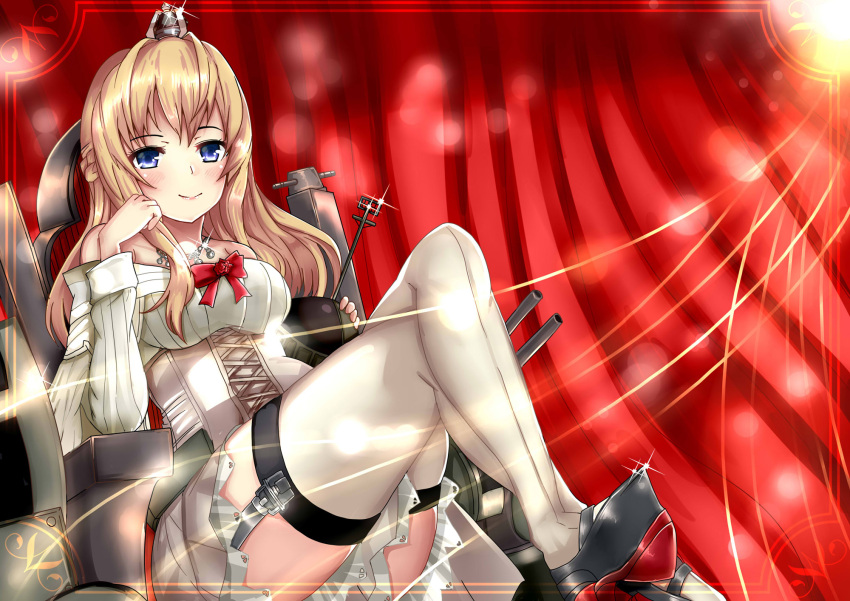 1girl black_footwear blonde_hair blue_eyes breasts closed_mouth corset crown dress fire_maxs flower garter_straps globus_cruciger hairband highres kantai_collection long_hair long_sleeves looking_at_viewer machinery medium_breasts mini_crown off-shoulder_dress off_shoulder red_flower red_ribbon red_rose ribbon rose smile solo thigh-highs throne warspite_(kantai_collection) white_dress white_legwear