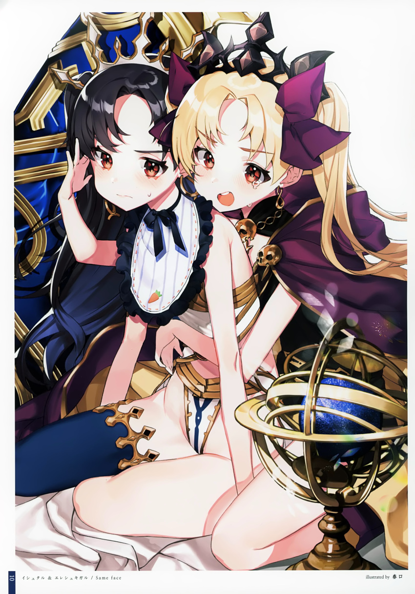 2girls absurdres arm_support artist_name bangs bare_arms bare_shoulders bib black_hair black_neckwear black_ribbon blonde_hair border bow cape carrot_print chungu earrings ereshkigal_(fate/grand_order) eyebrows_visible_through_hair fate/grand_order fate_(series) feet_out_of_frame food_print forehead frills hair_bow hand_in_another's_hair hand_up highres hooded_cape ishtar_(fate/grand_order) jewelry lens_flare long_hair looking_at_viewer multiple_girls neck_ribbon open_mouth page_number purple_bow purple_cape red_eyes ribbon scan seiza shadow simple_background single_thighhigh sitting sweat thigh-highs thighs tiara translated twintails very_long_hair white_background white_border younger