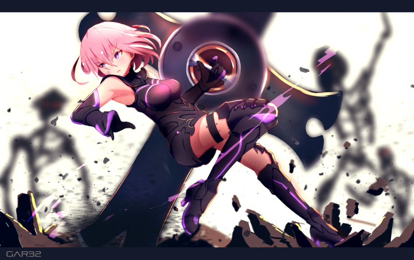 1girl absurdres blurry breasts depth_of_field elbow_gloves fate/grand_order fate_(series) gloves hair_between_eyes highres large_breasts letterboxed mash_kyrielight pink_eyes pink_hair tegar32 thigh-highs thigh_strap thighs white_background