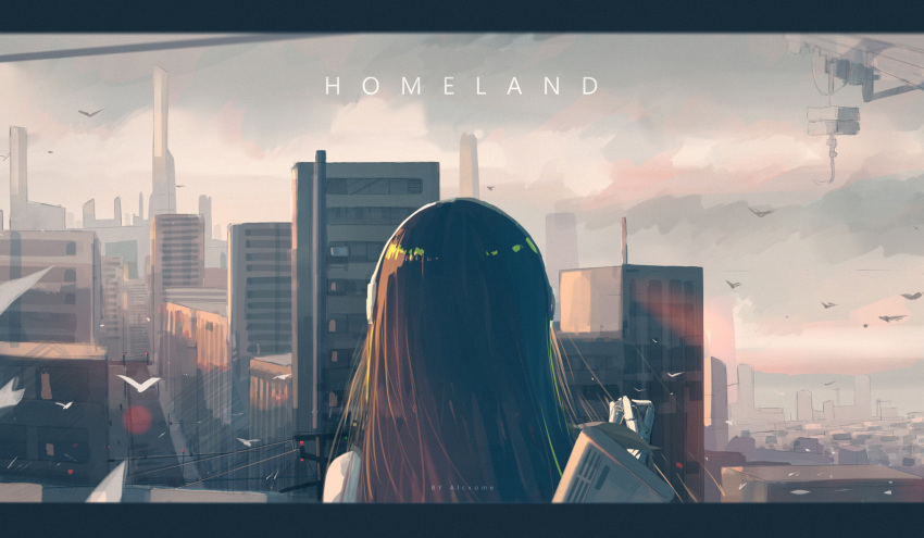 1girl alcxome artist_name assault_rifle bird brown_hair building cityscape clouds cloudy_sky from_behind girls_frontline gloves gun headphones headset highres holding_strap letterboxed long_hair m4_carbine m4a1_(girls_frontline) multicolored_hair power_lines rifle road scenery sky streaked_hair street text_focus tower weapon