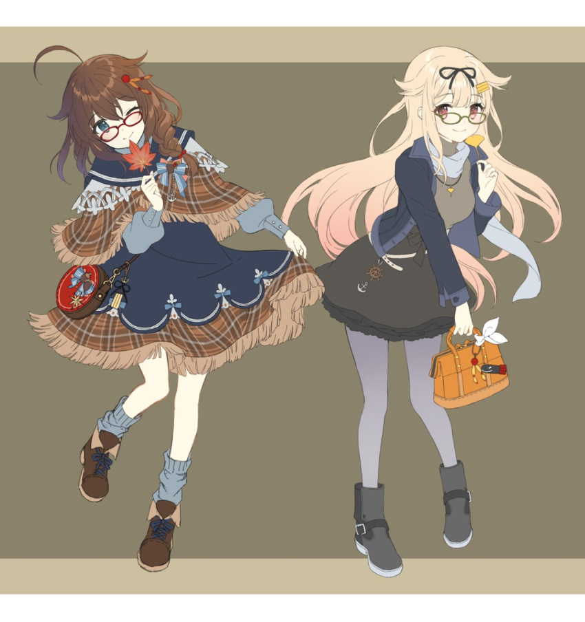 2girls ahoge alternate_costume anchor_symbol bag black_ribbon black_skirt blonde_hair blue_eyes blue_jacket boots braid brown_footwear brown_hair commentary_request dress glasses gradient_hair grey_footwear grey_legwear grey_scarf grey_shirt hair_between_eyes hair_flaps hair_ornament hair_over_shoulder hair_ribbon hairclip highres holding holding_legs jacket kantai_collection leaf long_hair long_sleeves looking_at_viewer maple_leaf multicolored_hair multiple_girls one_eye_closed pantyhose red_eyes red_glasses remodel_(kantai_collection) ribbon scarf shigure_(kantai_collection) shiosoda ship's_wheel shirt shoes simple_background single_braid skirt skirt_hold socks straight_hair very_long_hair yuudachi_(kantai_collection)
