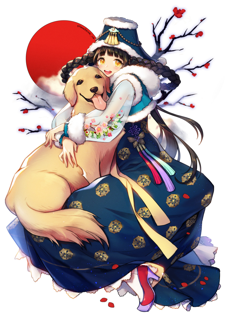 1girl 2018 :d absurdres bangs blush braid brown_hair dog floral_print full_body fur_trim happy_new_year hat high_heels highres hug huge_filesize long_hair new_year open_mouth original petals simple_background smile solo tassel tongue tongue_out twin_braids twitter_username white_background yellow_eyes yuri_(anachronic)