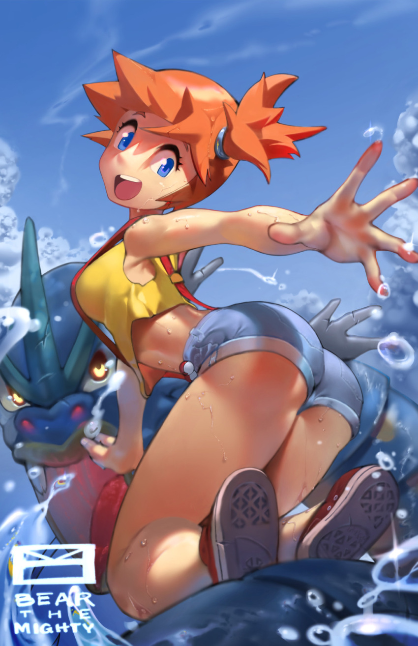 1girl ass bearthemighty blue_eyes creatures_(company) denim denim_shorts female game_freak gen_1_pokemon gyarados gym_leader highres kasumi_(pokemon) nintendo orange_hair poke_ball pokemon pokemon_(anime) pokemon_(classic_anime) shoes shorts side_ponytail sneakers solo_focus suspenders tank_top