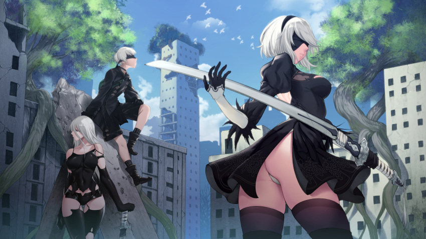1boy 2girls another_story ass black_blindfold black_dress black_hairband black_legwear blindfold boots breasts building dress feather-trimmed_sleeves hairband highres leotard_under_clothes looking_back mole mole_under_mouth multiple_girls nier_(series) nier_automata parted_lips ruins side_slit sword thigh-highs tree weapon yorha_no._2_type_b yorha_no._9_type_s yorha_type_a_no._2