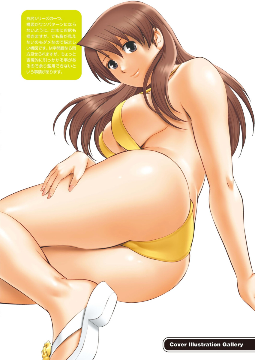 1girl action_pizazz arm_support ass bare_shoulders bikini breasts brown_hair closed_mouth fingernails grey_eyes highres lips looking_at_viewer medium_breasts saigadou sandals sideboob simple_background solo swimsuit thighs white_background yellow_bikini